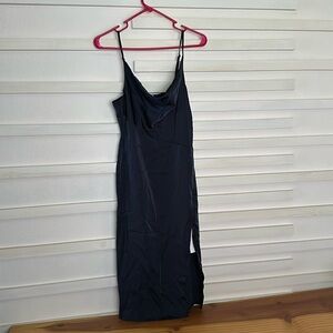 NWT navy satin cowl neck navy midi dress with thigh slit